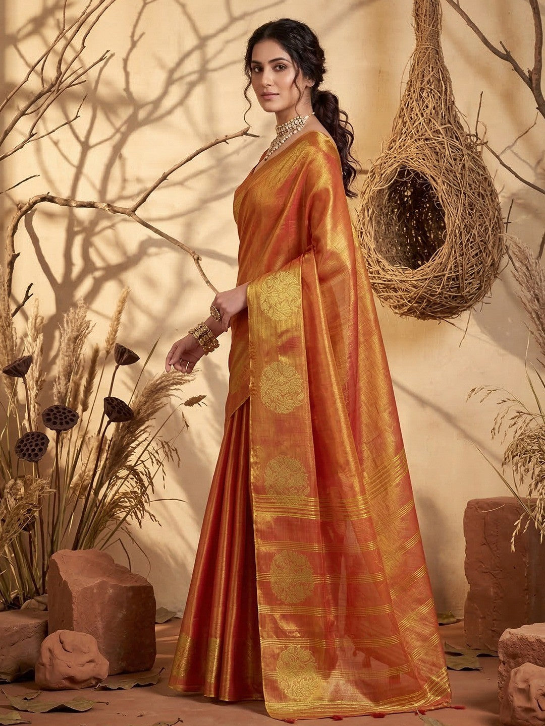 Classic Rust Floral Zari Weaving Tissue Silk Saree With Tassel Pallu - Image 3