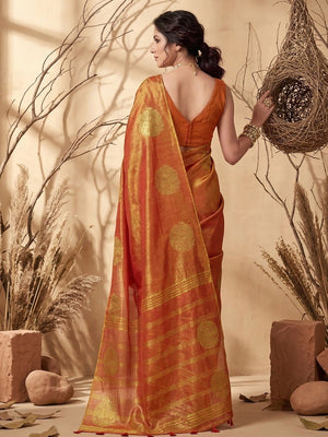 Classic Rust Floral Zari Weaving Tissue Silk Saree With Tassel Pallu - Image 2