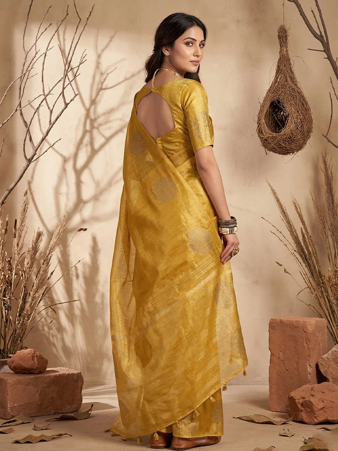 Classic Mustard Floral Zari Weaving Tissue Silk Saree With Tassel Pallu - Image 3