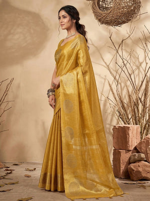 Classic Mustard Floral Zari Weaving Tissue Silk Saree With Tassel Pallu - Image 2