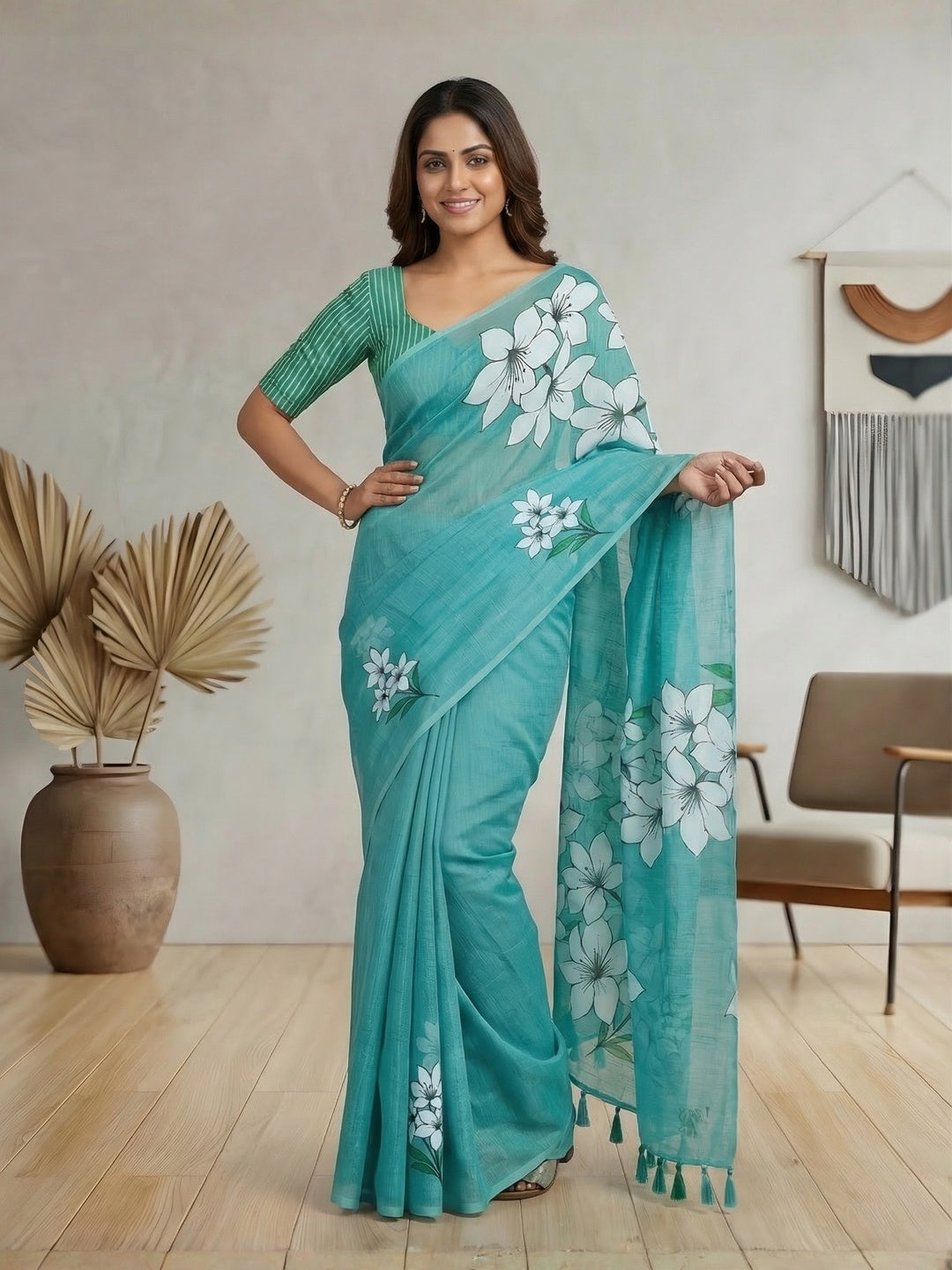 Refreshing Turquoise Floral Printed Linen Saree Styled With Elegant Tassel Pallu - Image 1