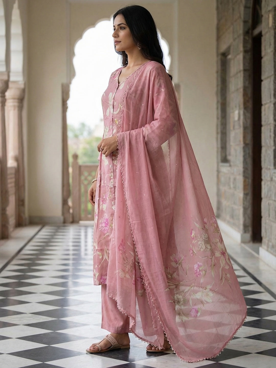 Elegant Pink Floral Printed with Yoke Detail Angle Rayon Salwar Suit with Dupatta - Image 4