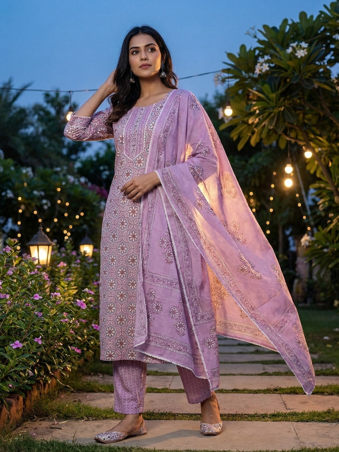Lavender Floral Printed Pure Cotton Salwar Suit with Dupatta - Image 1
