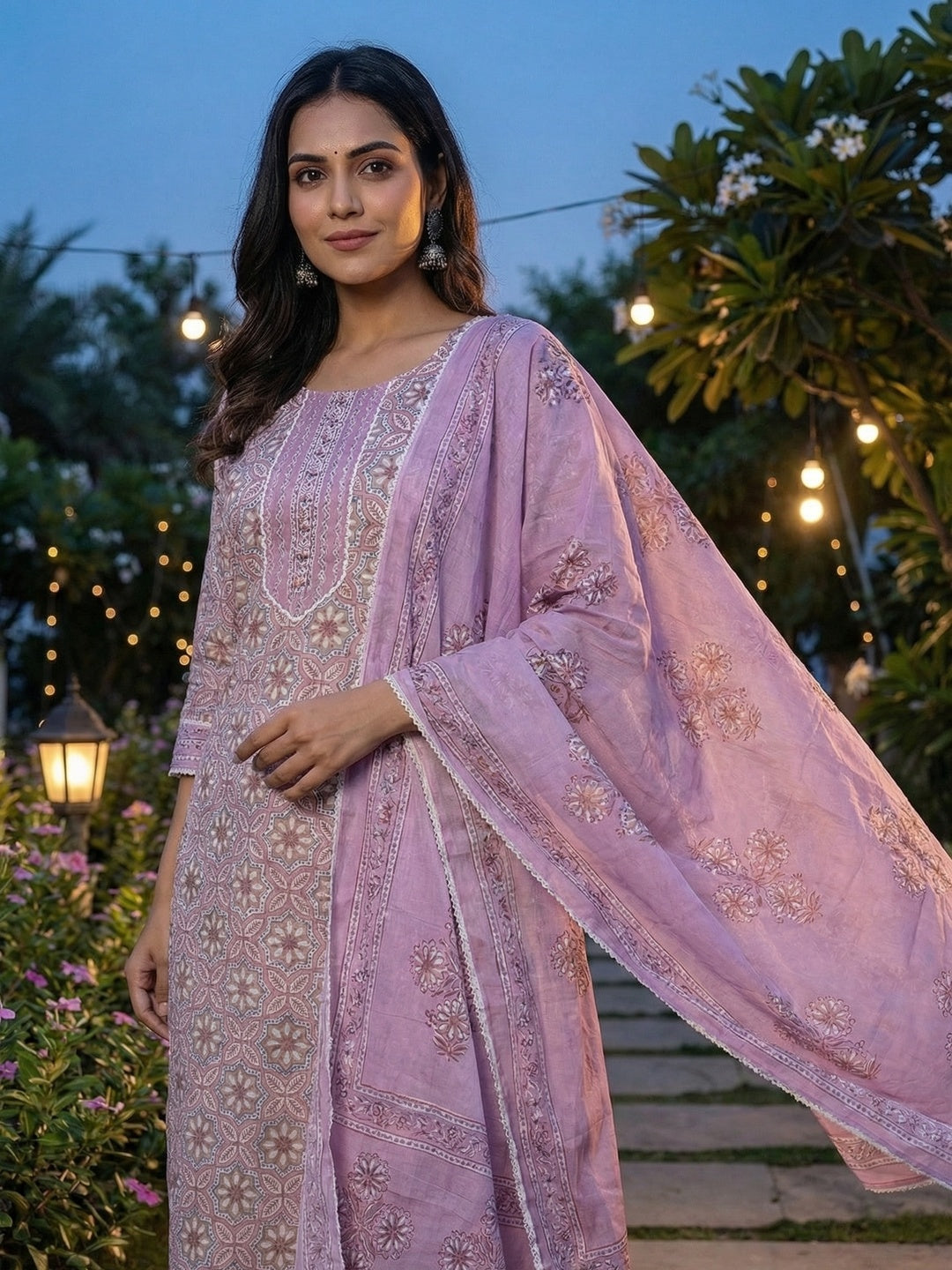 Lavender Floral Printed Pure Cotton Salwar Suit with Dupatta - Image 2