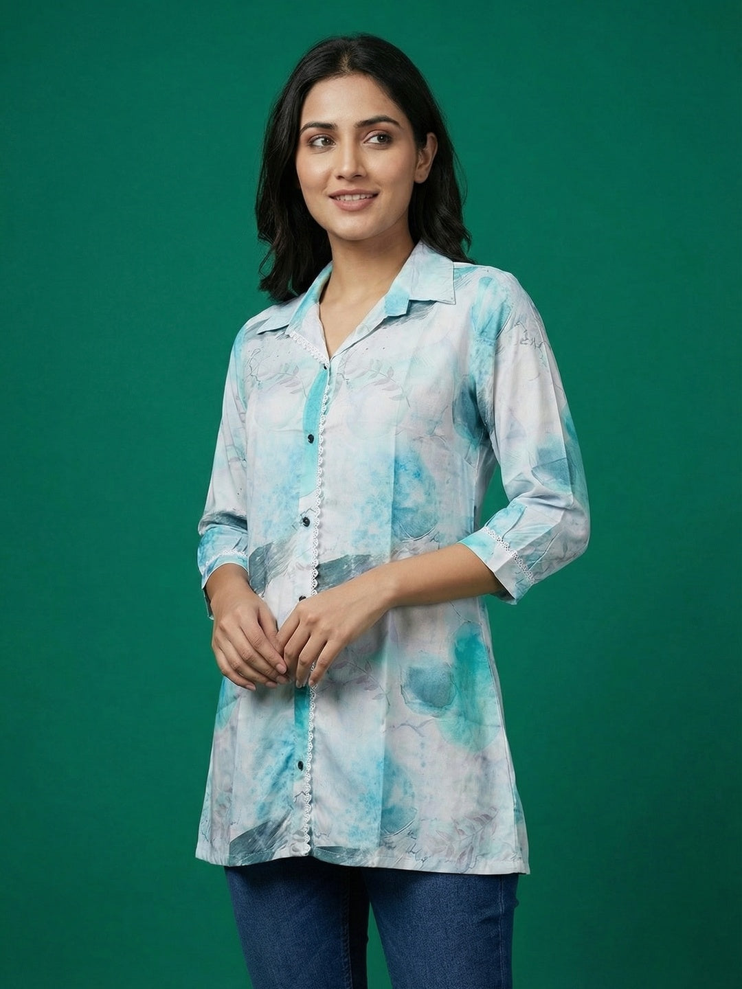 Sky Blue Abstract Print Rayon Tunic Top with Lace Detail - Image 1