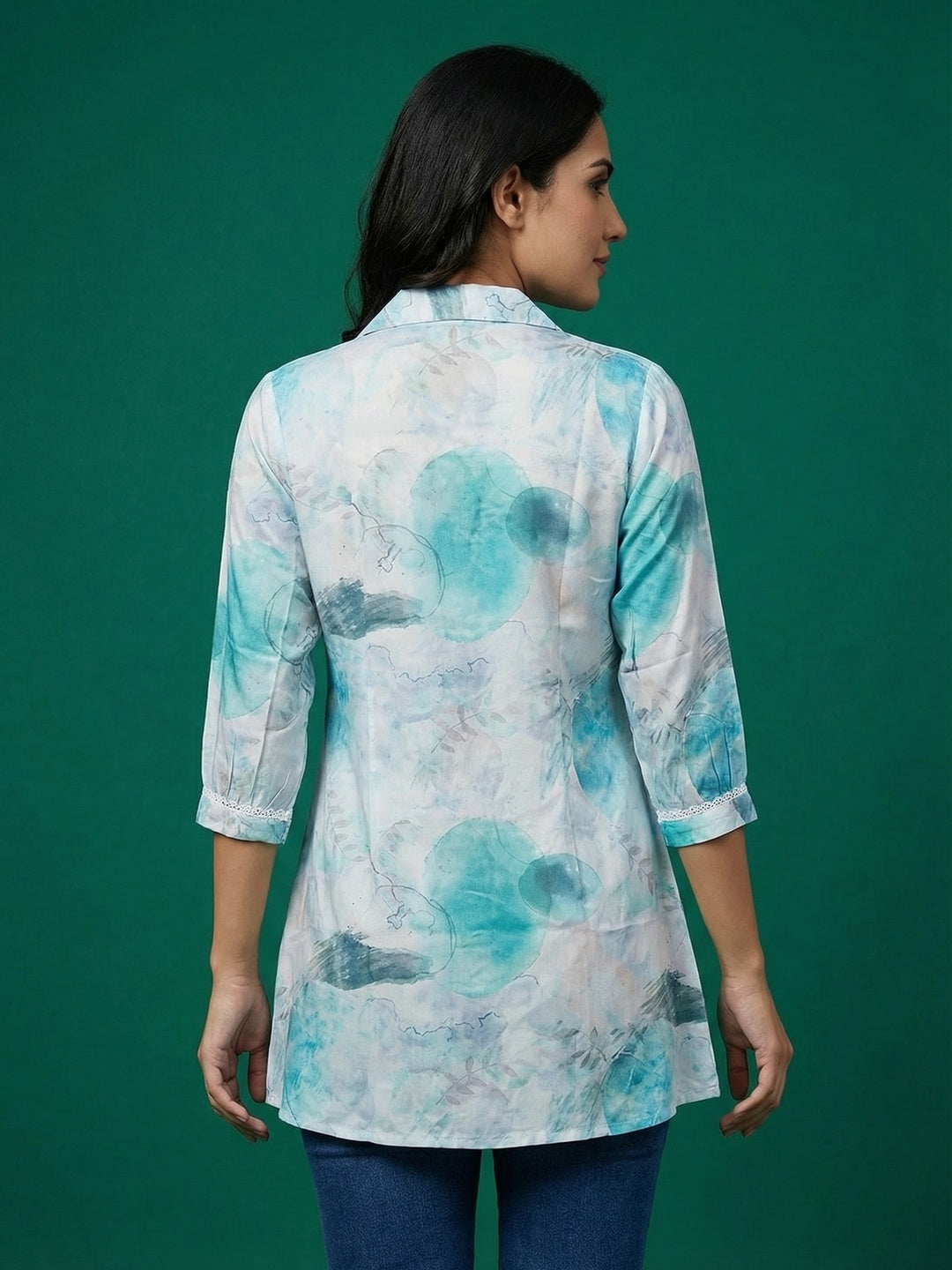 Sky Blue Abstract Print Rayon Tunic Top with Lace Detail - Image 4