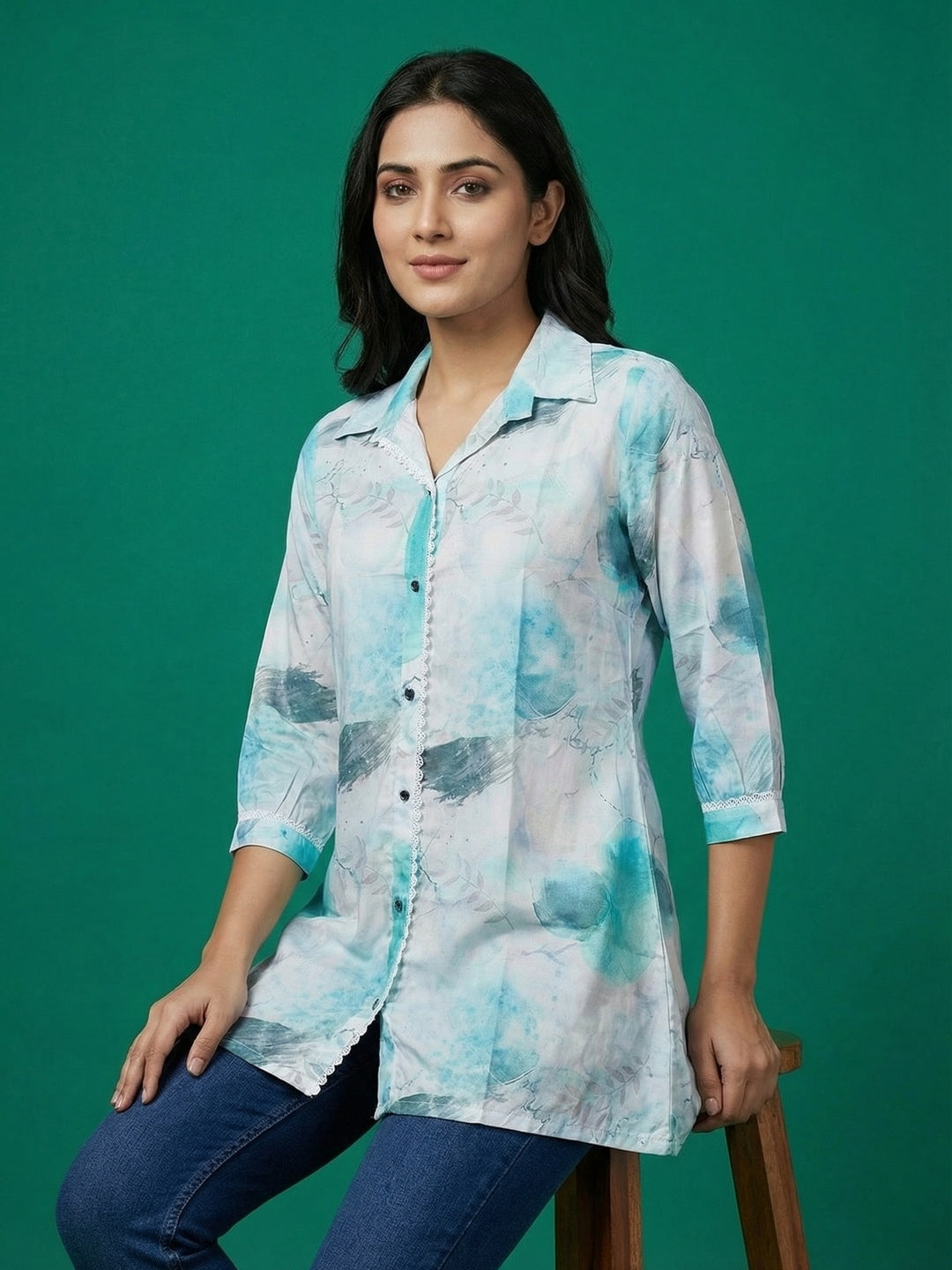 Sky Blue Abstract Print Rayon Tunic Top with Lace Detail - Image 2
