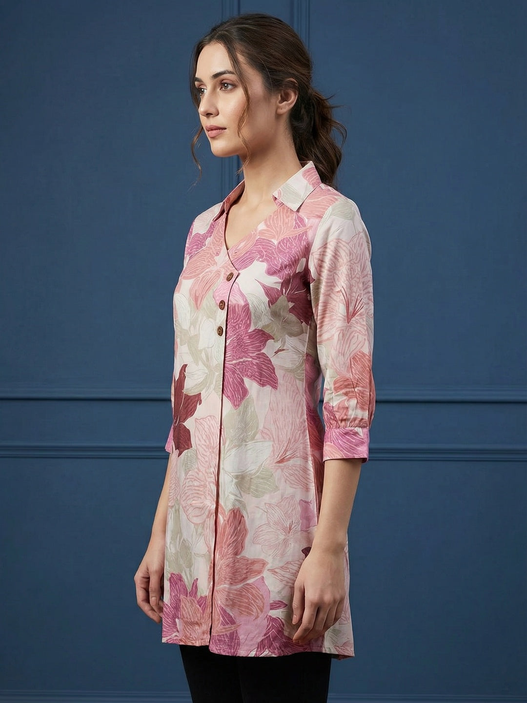 Pink Floral Printed Rayon Top with Collared Neck and 3/4 Sleeves - Image 4