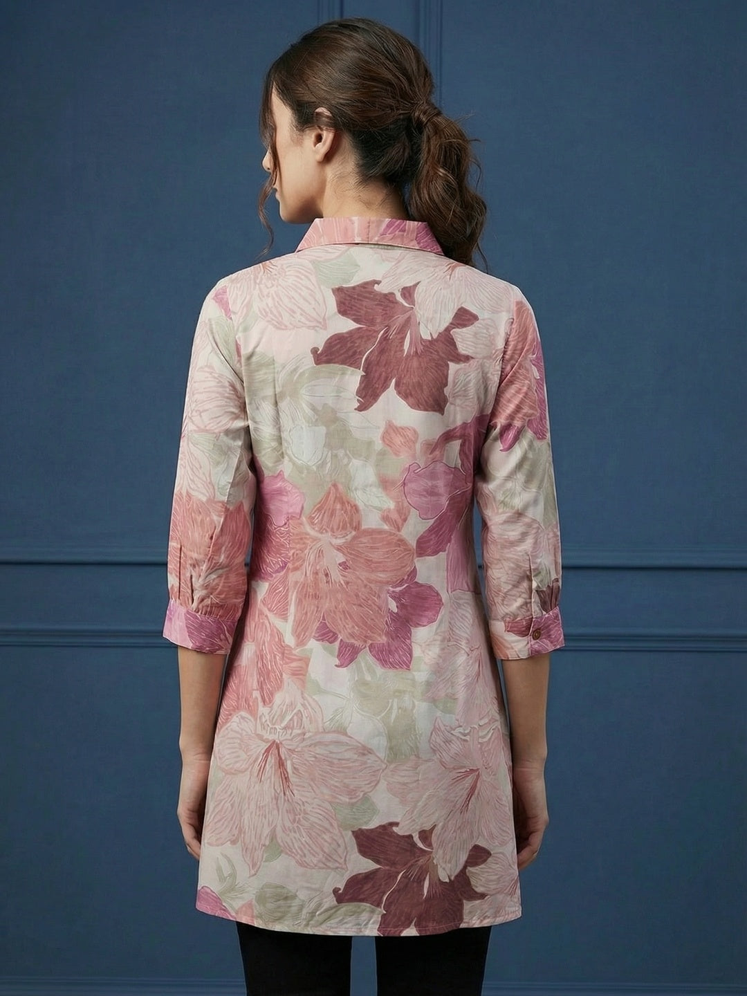 Pink Floral Printed Rayon Top with Collared Neck and 3/4 Sleeves - Image 3