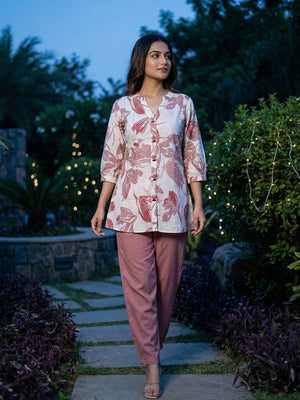 Modern Dusty Pink Viscose Floral Print Co-Ord Set with Stylish Top and Bottom Set - Image 1