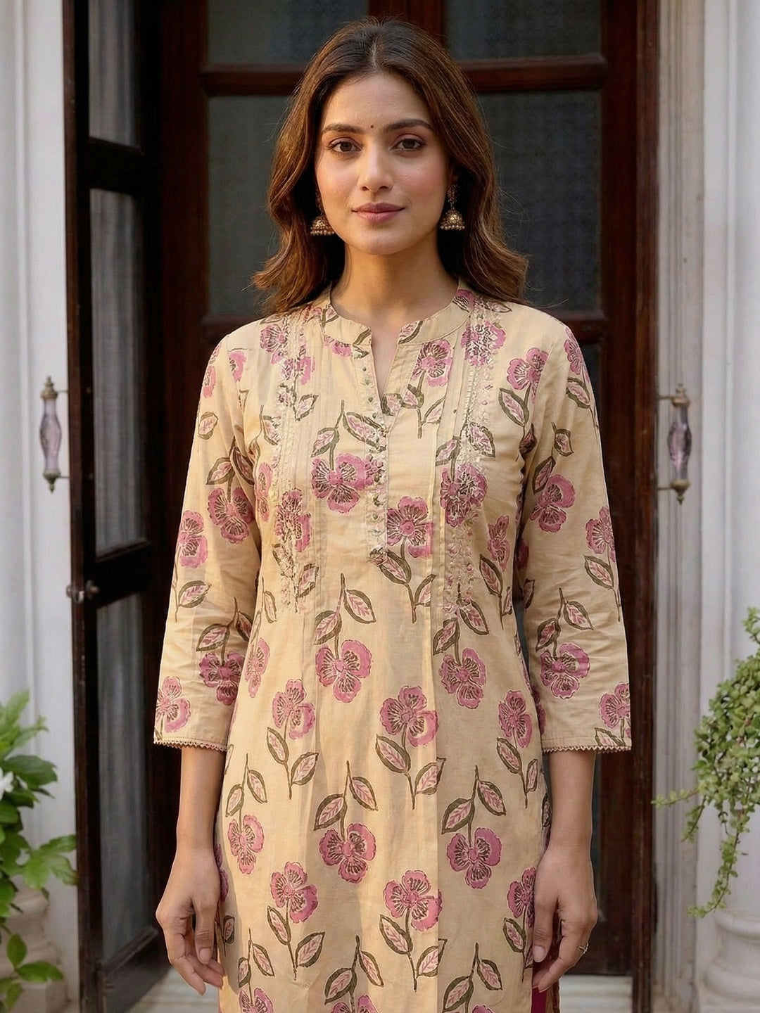 Chikoo Floral Printed Cotton Salwar Suit with Pink Dupatta - Image 2