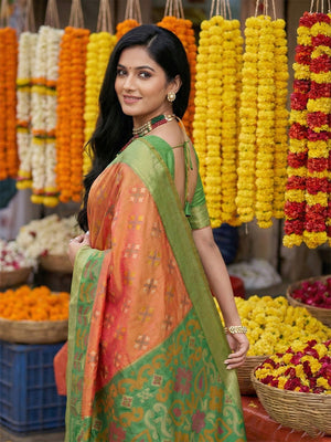 Radiant Orange Silk Blend Saree Featuring Intricate Zari Weaving & Tassel Pallu - Image 2
