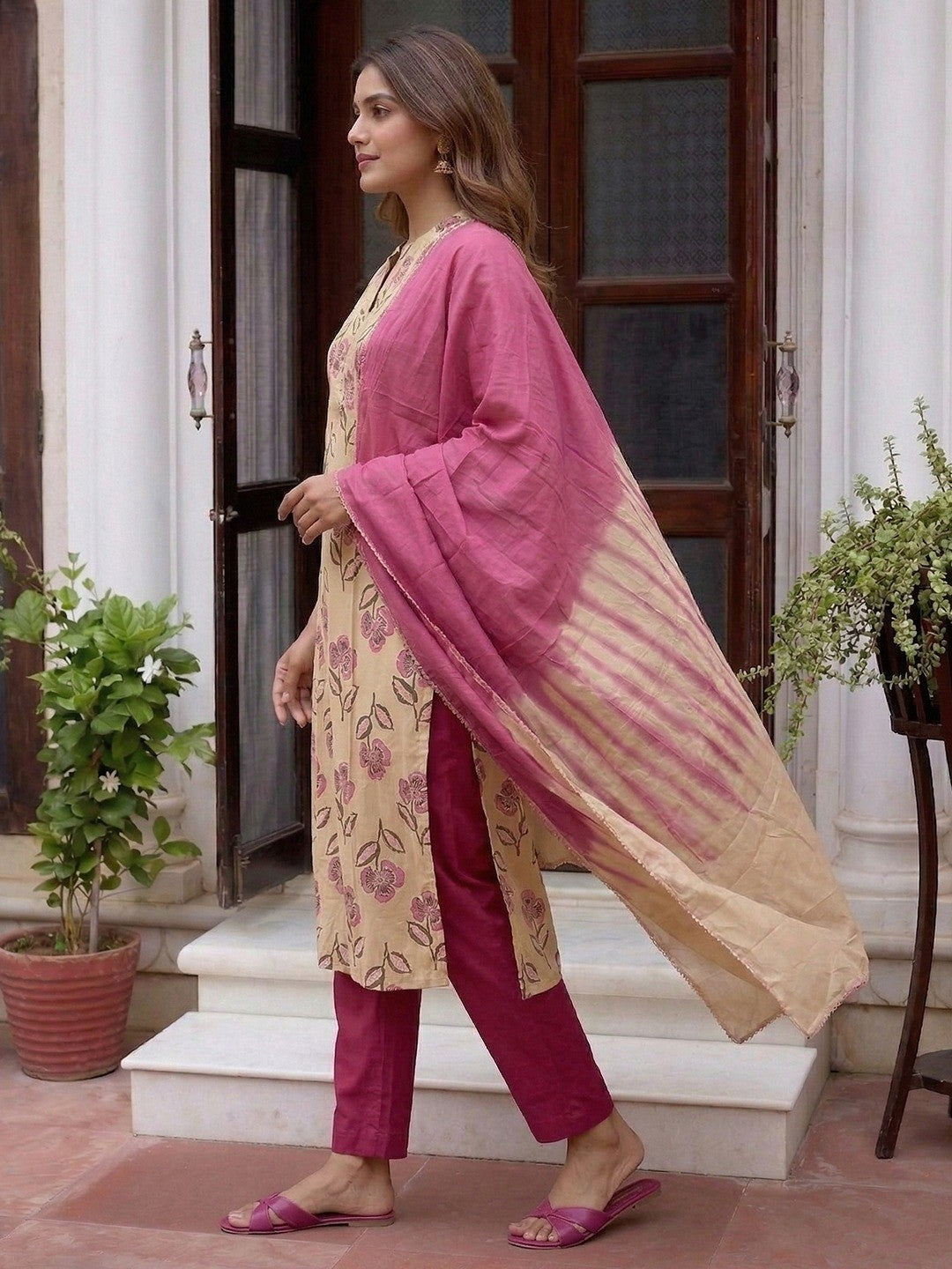 Chikoo Floral Printed Cotton Salwar Suit with Pink Dupatta - Image 4