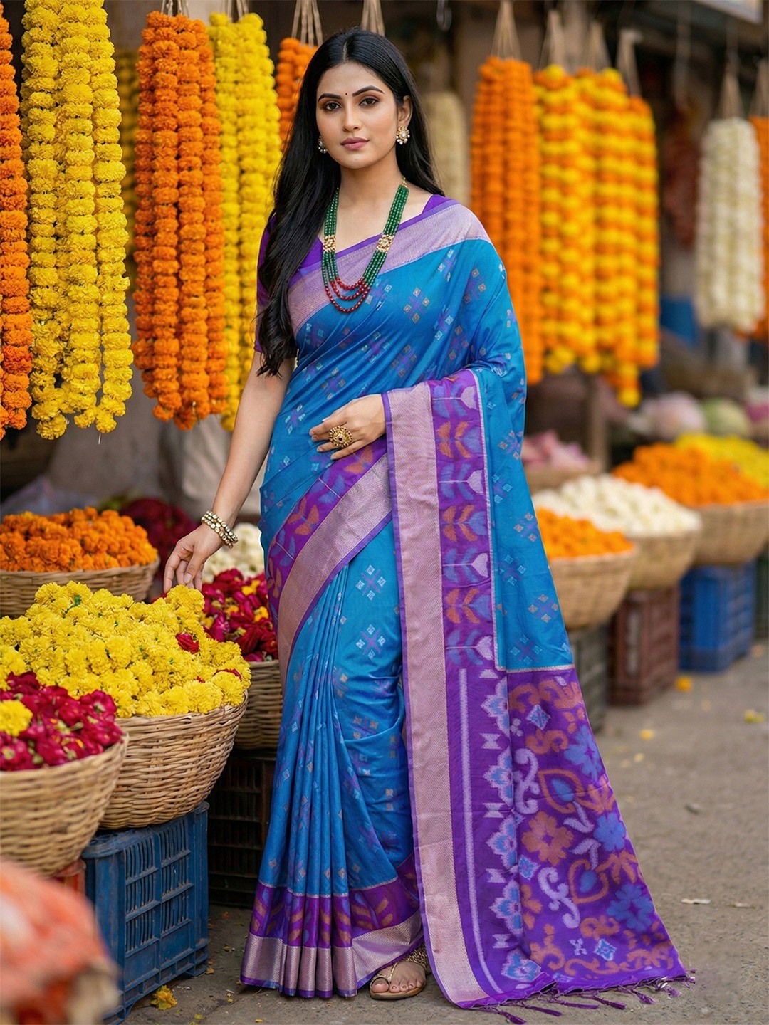 Radiant Blue Silk Blend Saree Featuring Intricate Zari Weaving & Tassel Pallu - Image 1