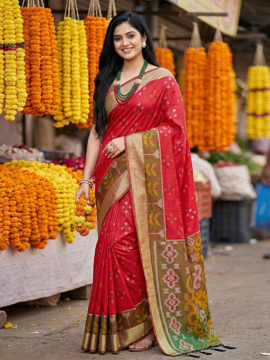 Radiant Red Silk Blend Saree Featuring Intricate Zari Weaving & Tassel Pallu - Image 1