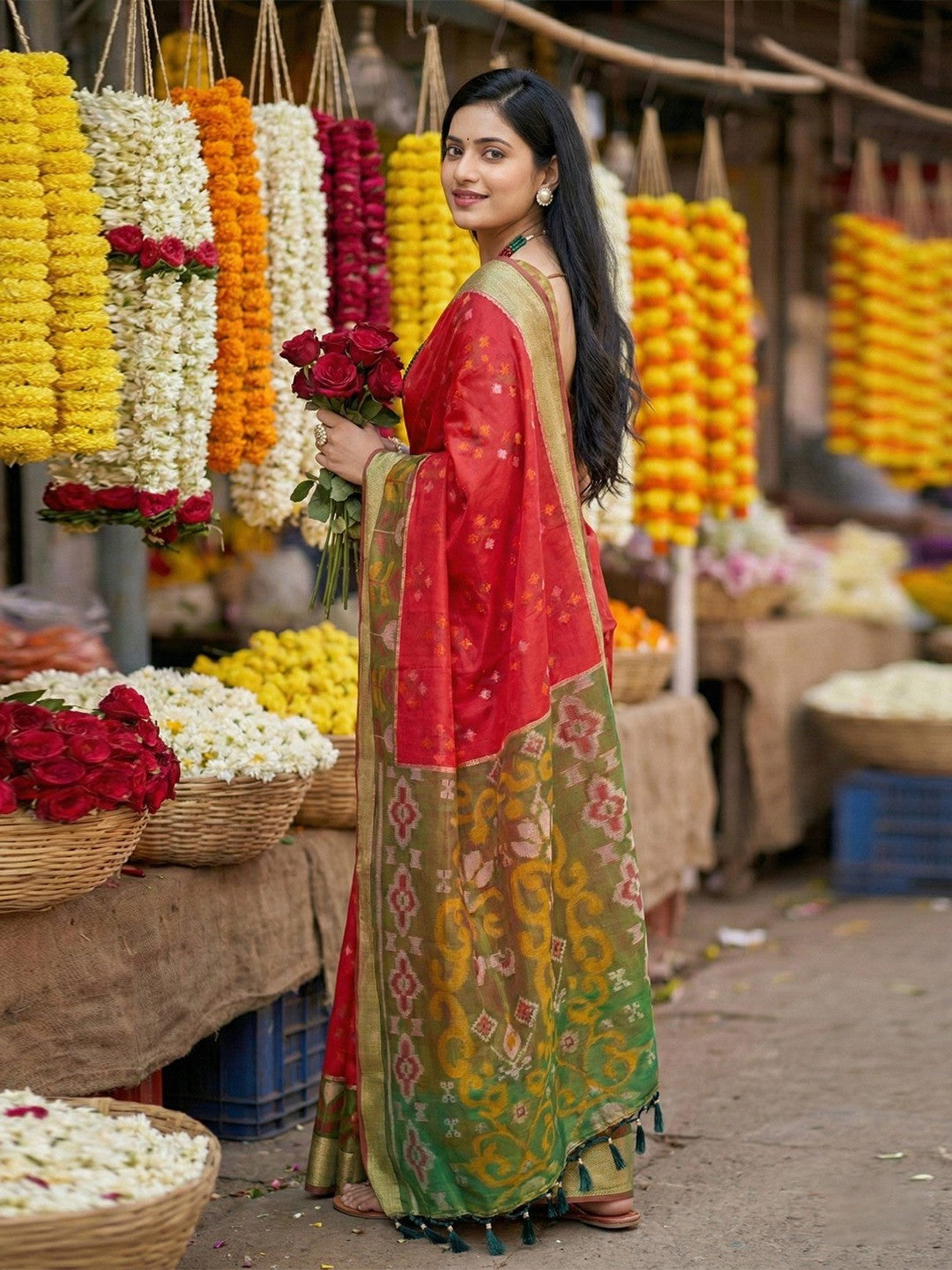 Radiant Red Silk Blend Saree Featuring Intricate Zari Weaving & Tassel Pallu - Image 3