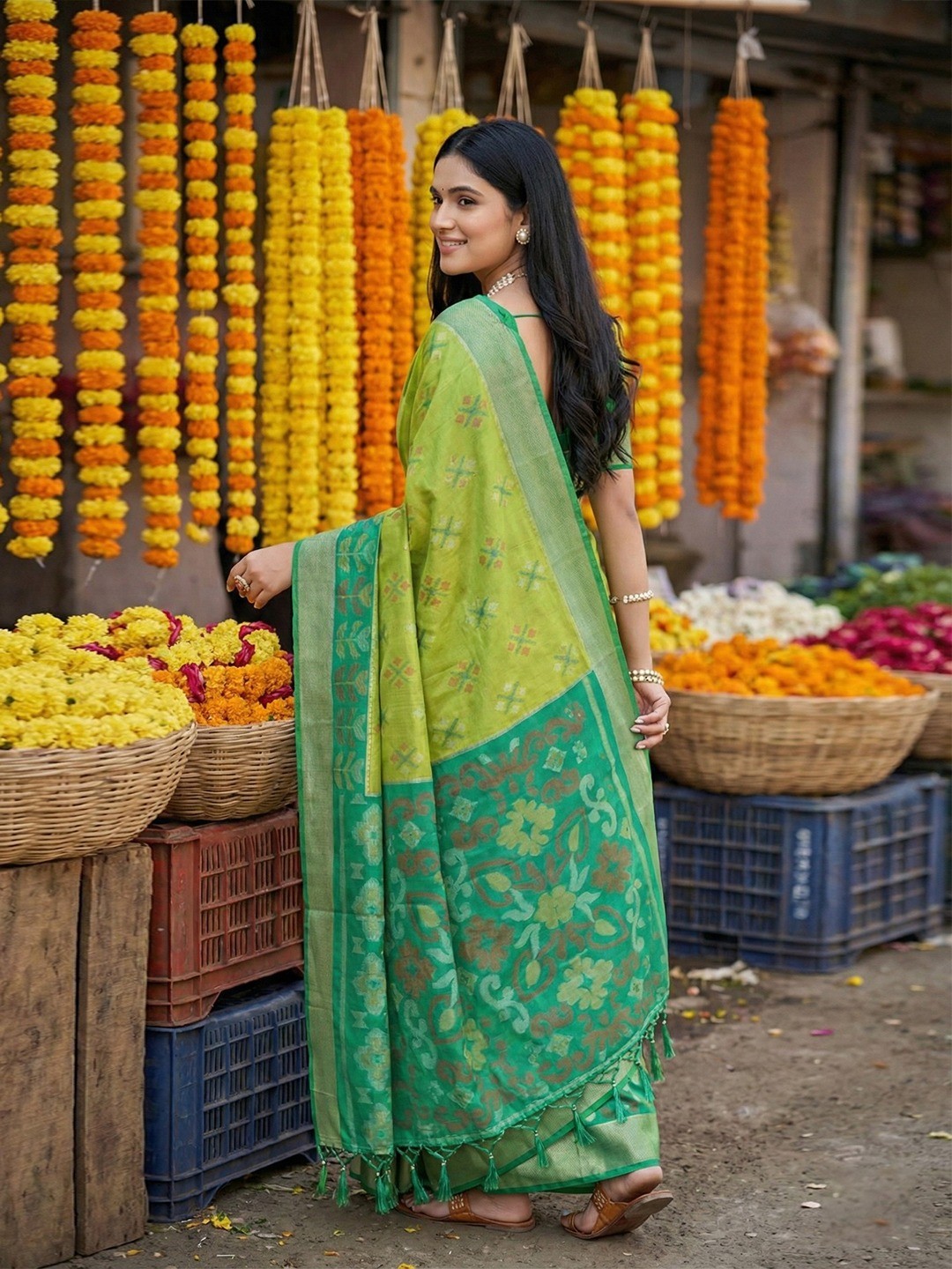 Radiant Green Silk Blend Saree Featuring Intricate Zari Weaving & Tassel Pallu - Image 3