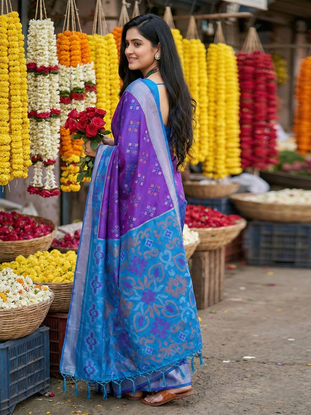Elegant Violet Silk Blend Saree with Zari Weaving - Image 3
