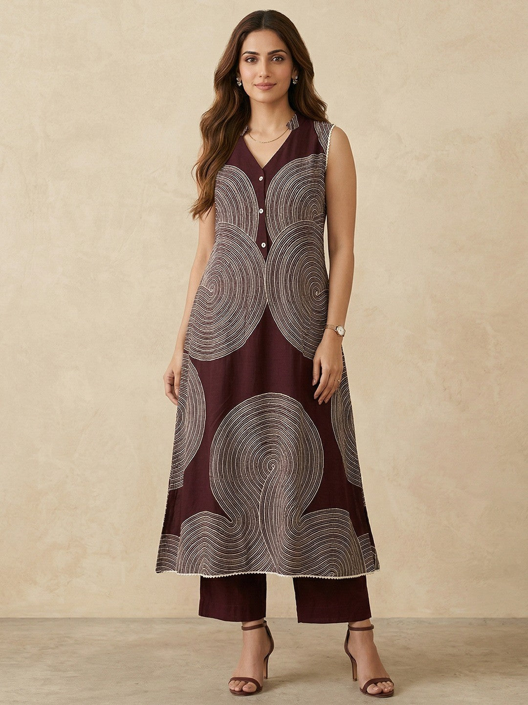 Wine Rayon Top Bottom Set with Abstract Print and Lace Detail - Image 1
