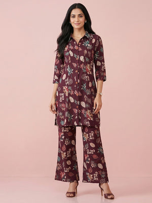 Casual Chic Wine Floral Printed Rayon Co-ord Set with Floral Patterns - Image 1