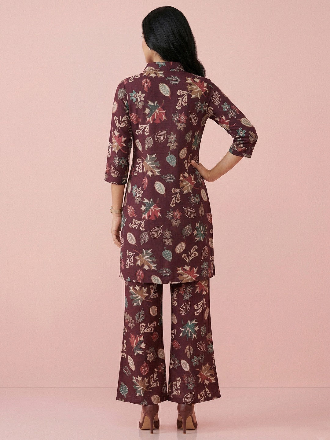 Casual Chic Wine Floral Printed Rayon Co-ord Set with Floral Patterns - Image 3