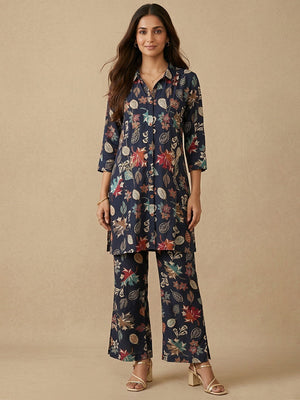 Casual Chic Navy Blue Floral Printed Rayon Co-ord Set with Floral Patterns - Image 1
