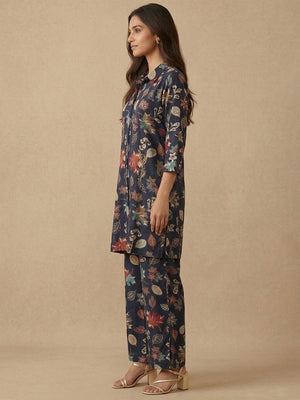 Casual Chic Navy Blue Floral Printed Rayon Co-ord Set with Floral Patterns - Image 2