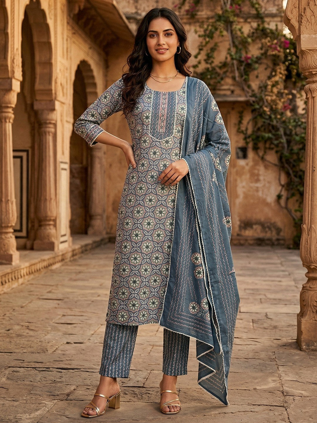 Casual Wear Blue Pure Cotton Kurta and Straight Pant Set with Floral Print - Image 1