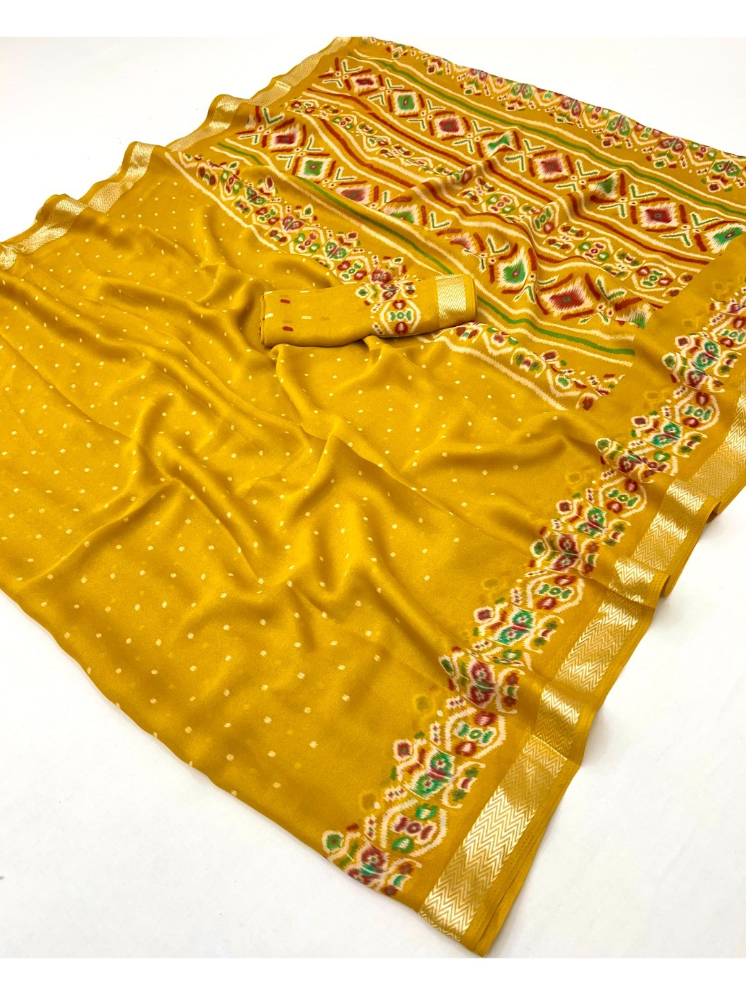 Trendy Mustard Georgette Saree with Ikkat Inspired Print for Festive Celebrations - Image 3
