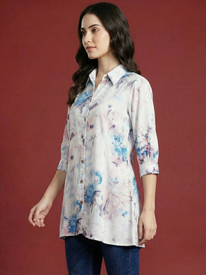 Trendy Blue Floral Printed Rayon A-Line Top with Flowy Silhouette - Image 2