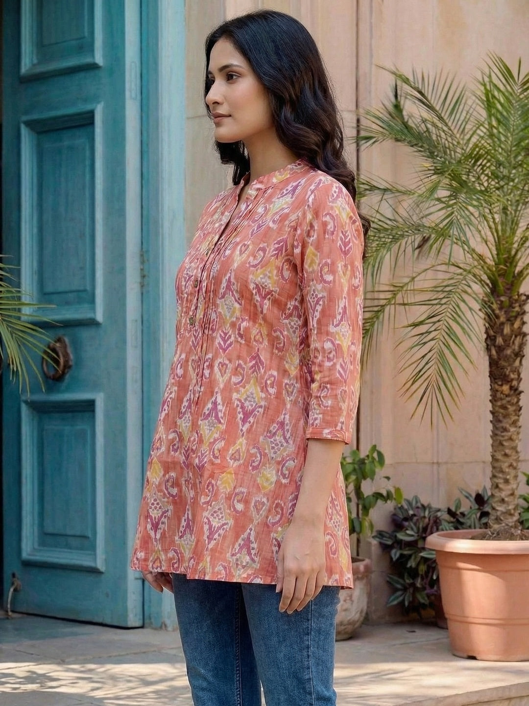 Stylish Coral Red Printed Pure Cotton Top for Casual Wear - Image 2