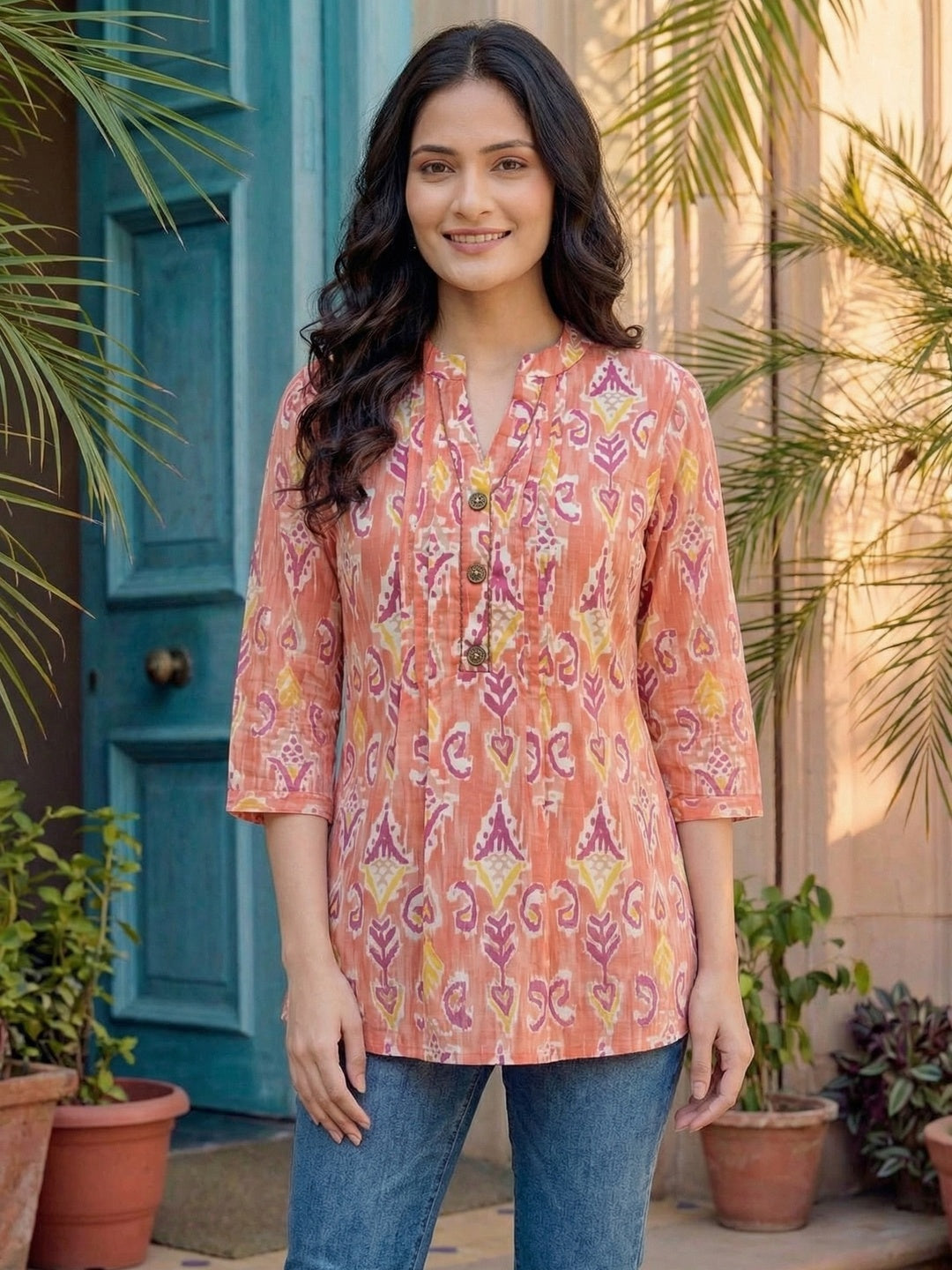 Stylish Coral Red Printed Pure Cotton Top for Casual Wear - Image 1