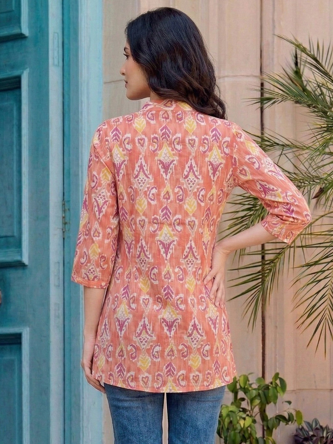 Stylish Coral Red Printed Pure Cotton Top for Casual Wear - Image 3