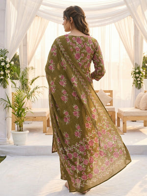Green Pure Cotton Salwar Suit with Floral Printed Pattern and Dupatta - Image 2