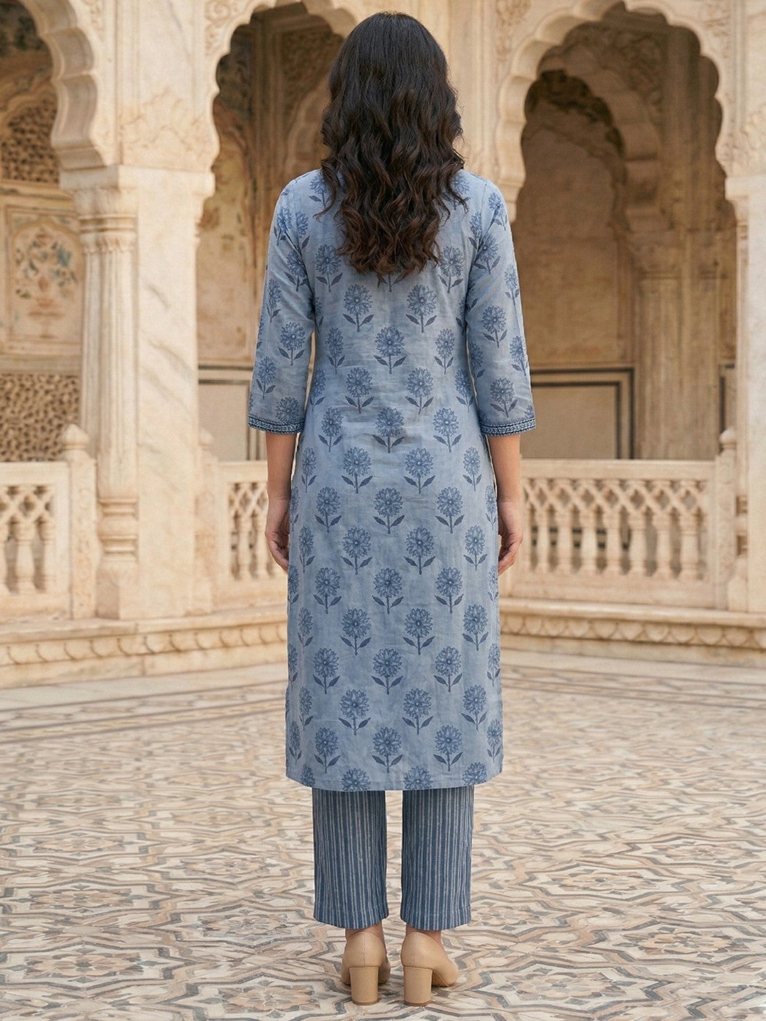 Blue Floral Print Pure Cotton Kurta Salwar Dupatta Set with Elegant Design - Image 3