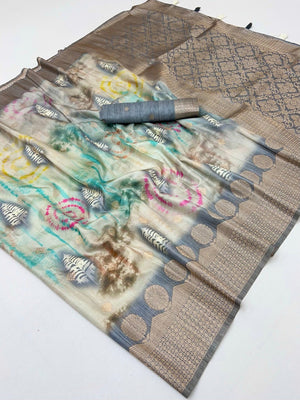 Elegant Grey Bemberg Saree with Digital Print and Rich Weaving Pallu - Image 2