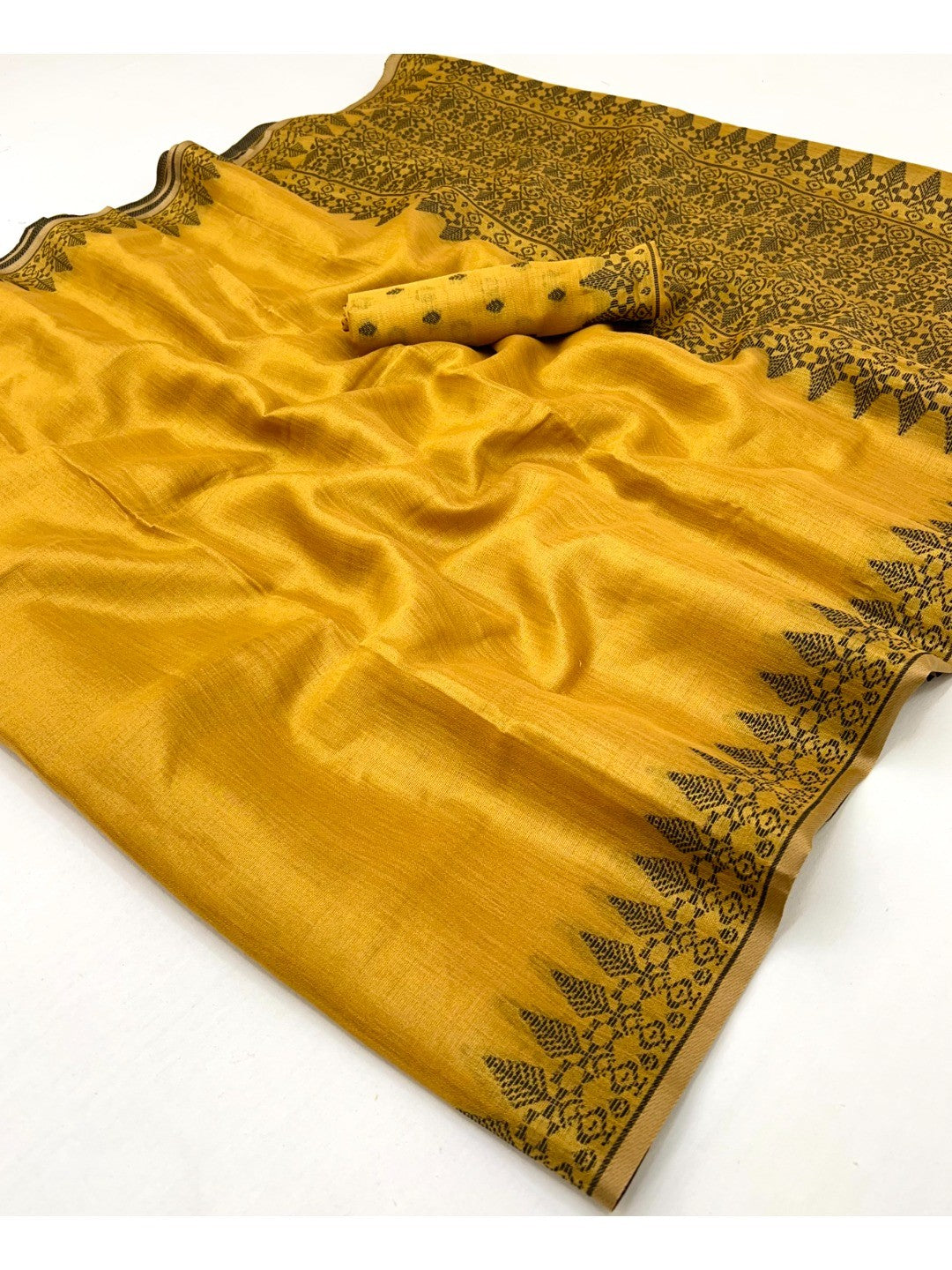 Elegant Mustard Tissue Linen Saree with Weaving Border Design - Image 3