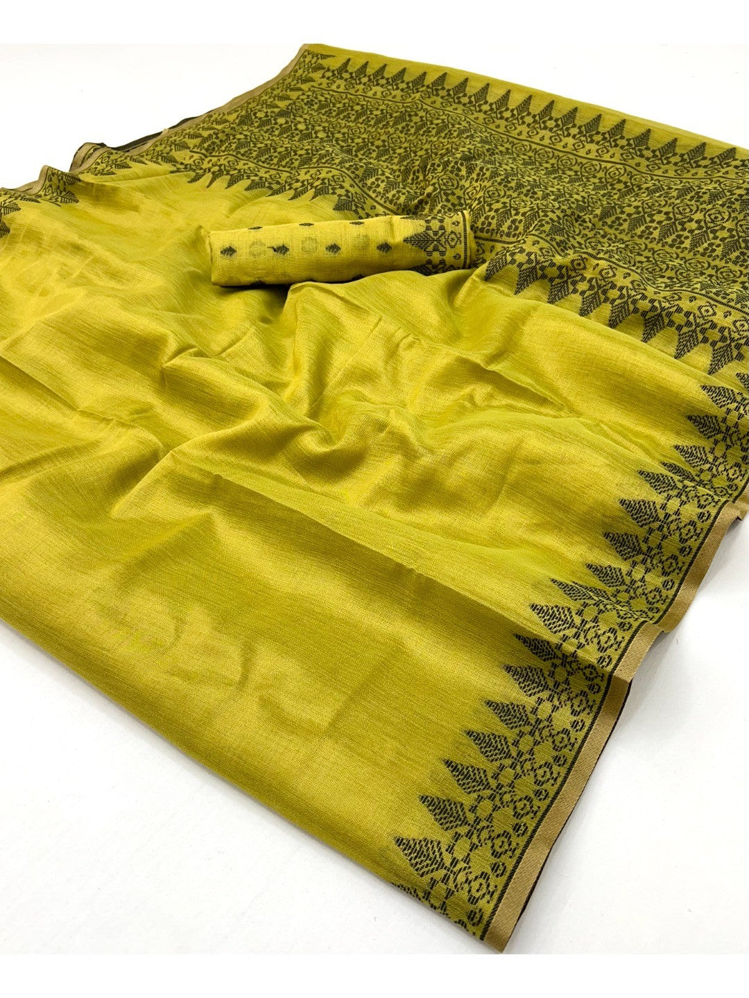 Elegant Lemon Green Tissue Linen Saree with Weaving Border Design - Image 3