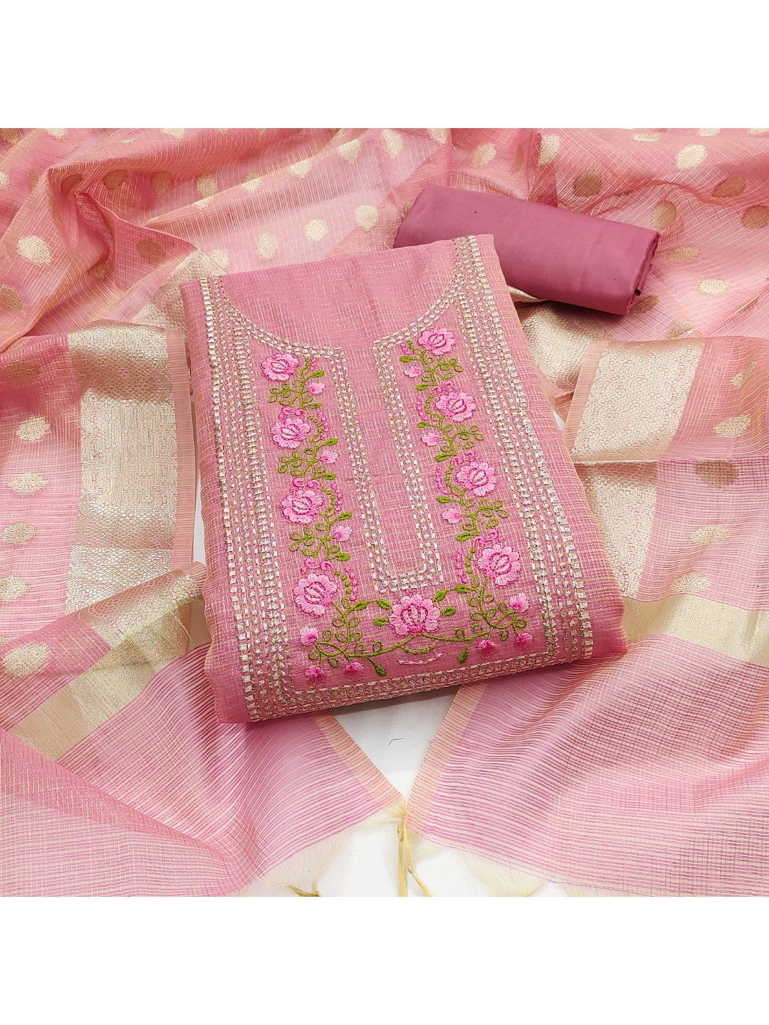 Charming Pink Kota Doria Banarasi Dress Material Enhanced With Fine Floral Threadwork Embroidery - Image 3