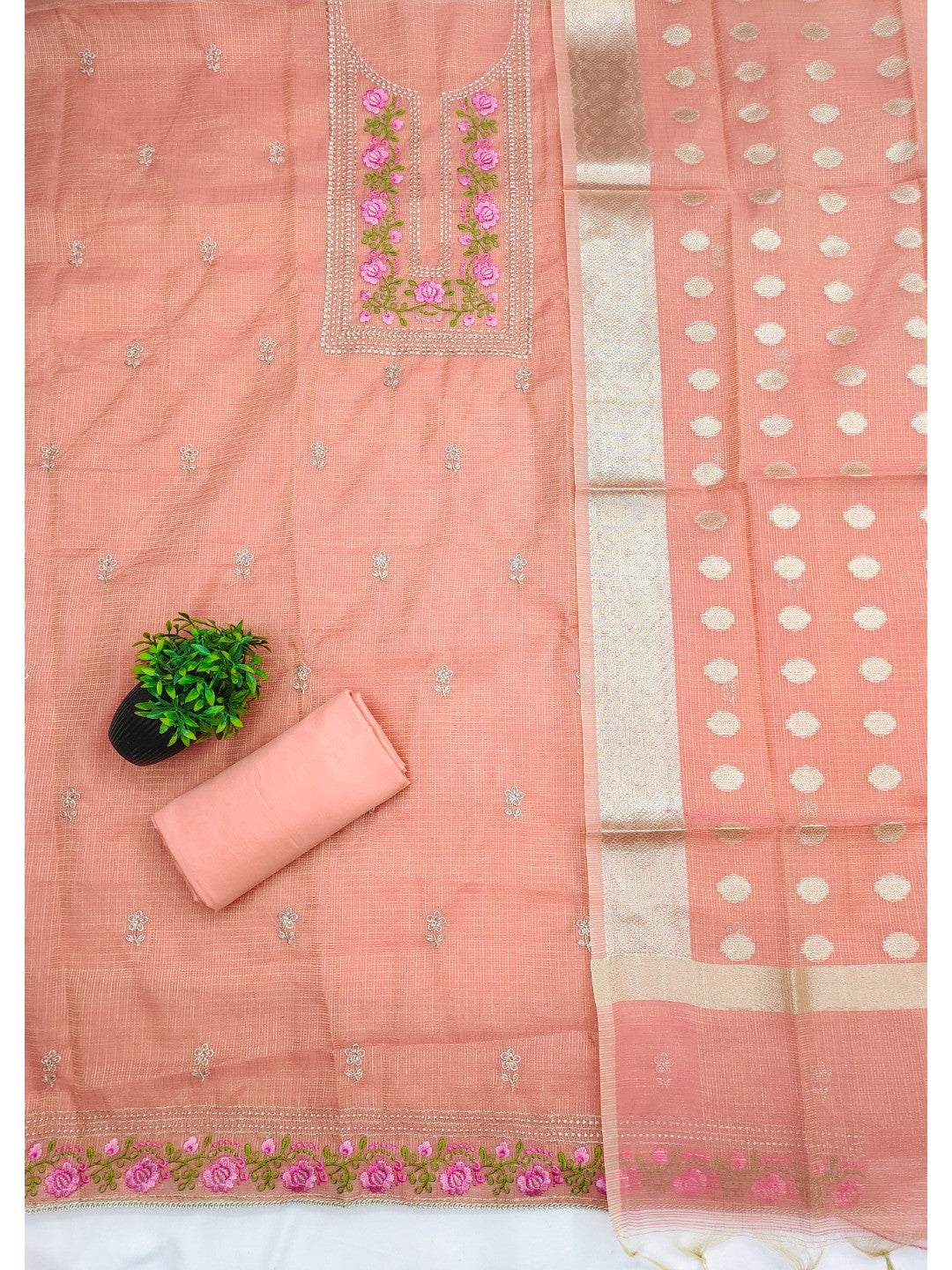 Charming Peach Kota Doria Banarasi Dress Material Enhanced With Fine Floral Threadwork Embroidery - Image 3