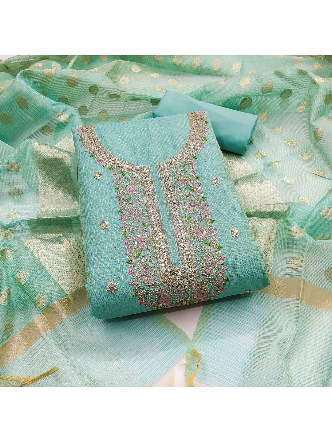 Classic Blue Kota Doria Banarasi Dress Material Embellished With Floral Sequins Embroidery Work - Image 3
