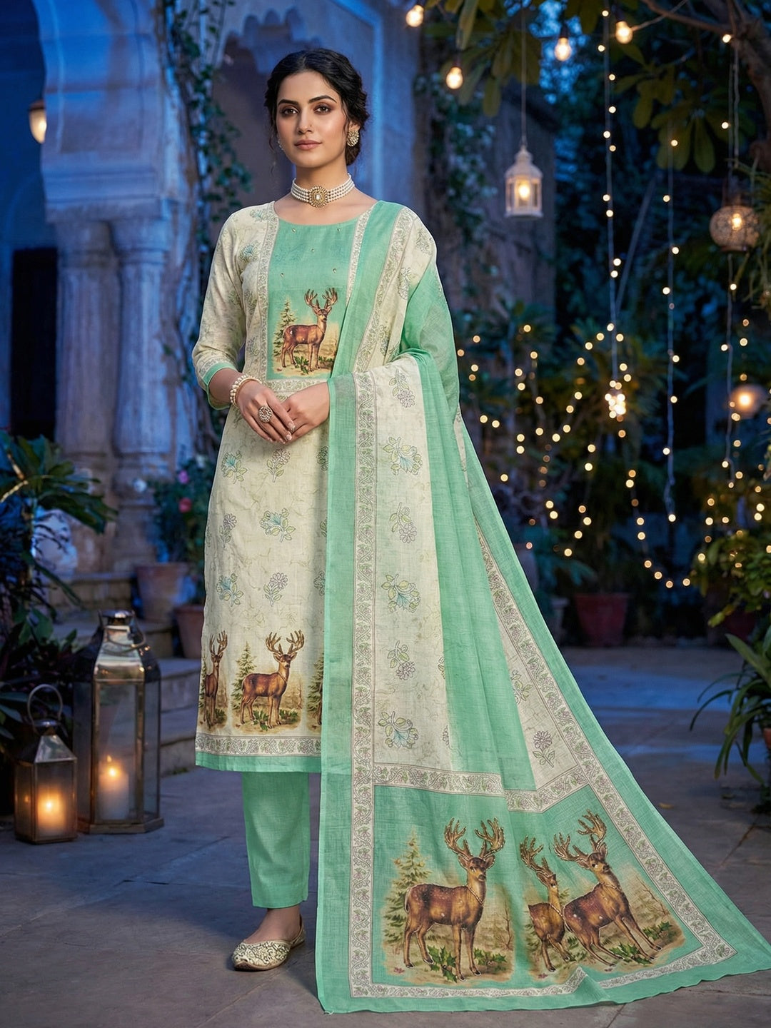 Offwhite & Mint Green Linen Dress Material with Deer Print and Dupatta Offwhite & Mint Green Linen Dress Material with Deer Print and Dupatta