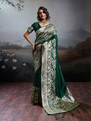 Rich Green Floral & Peacock Motif Weaving Silk Blend Saree With Decorative Tassel Pallu - Image 1