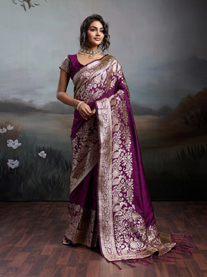 Rich Wine Floral & Peacock Motif Weaving Silk Blend Saree With Decorative Tassel Pallu - Image 1