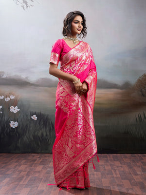 Rich Rani Pink Floral & Peacock Motif Weaving Silk Blend Saree With Decorative Tassel Pallu - Image 2