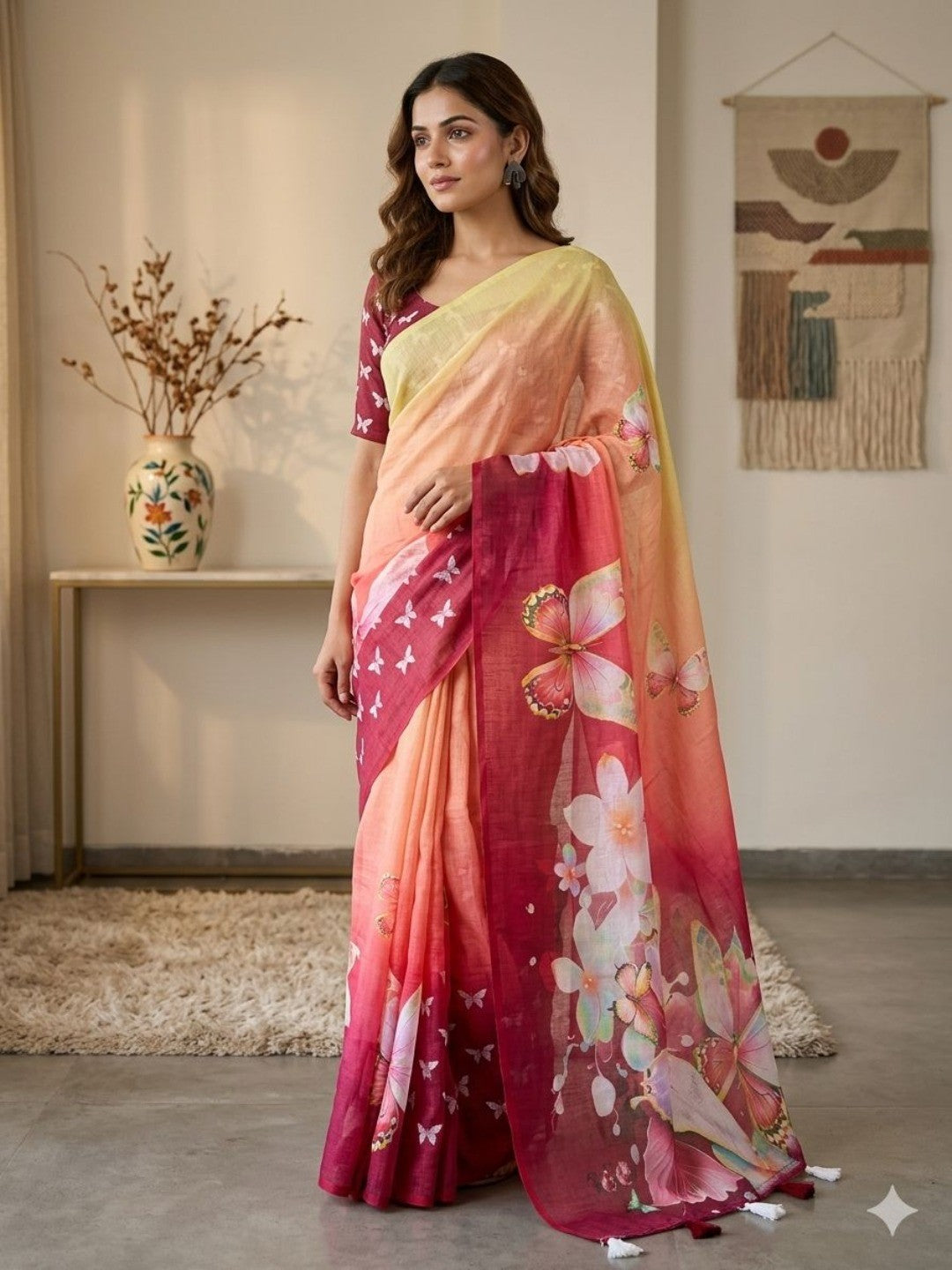 Elegant Multicolor Ombre Floral Digital Printed Saree With Butterfly Motif Work & Elegant Pallu - Image 1