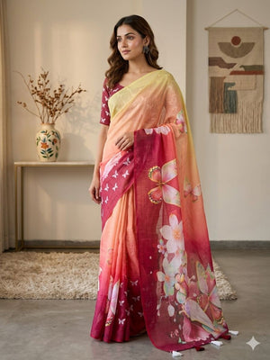 Elegant Multicolor Ombre Floral Digital Printed Saree With Butterfly Motif Work & Elegant Pallu - Image 1