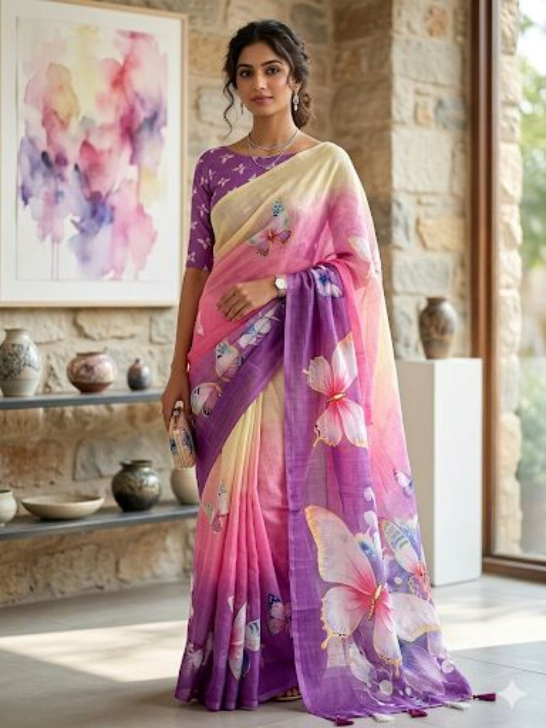 Regal Multicolor Ombre Floral Digital Printed Saree With Butterfly Motif & Artistic Pallu - Image 1