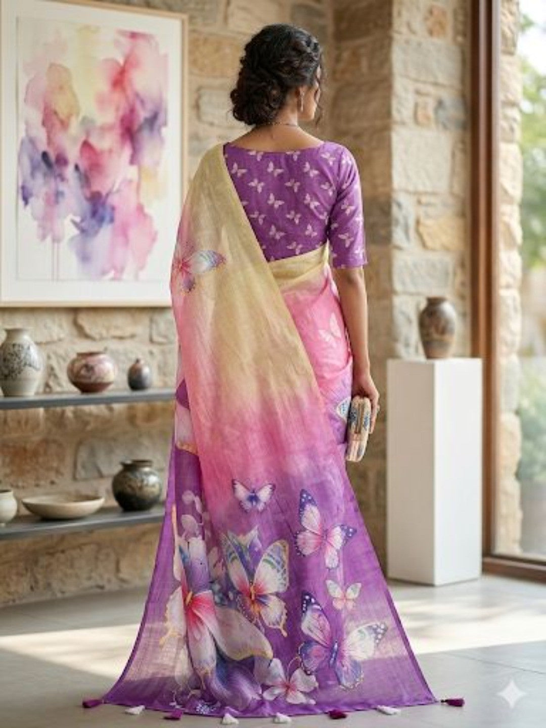 Regal Multicolor Ombre Floral Digital Printed Saree With Butterfly Motif & Artistic Pallu - Image 4