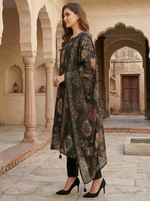 Black Floral Print Mul Chanderi Straight Fit Salwar Suit for Modern Ethnic Fashion - Image 2